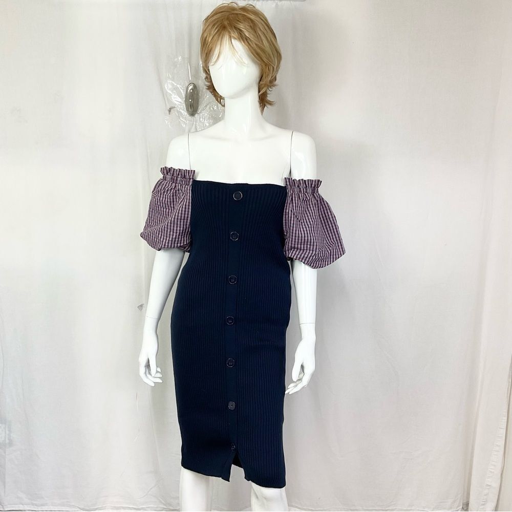 NEW Maeve By Anthropologie Navy Blue Rib Knit Short Puff Sleeves Sweater Dress M - Picture 6 of 13